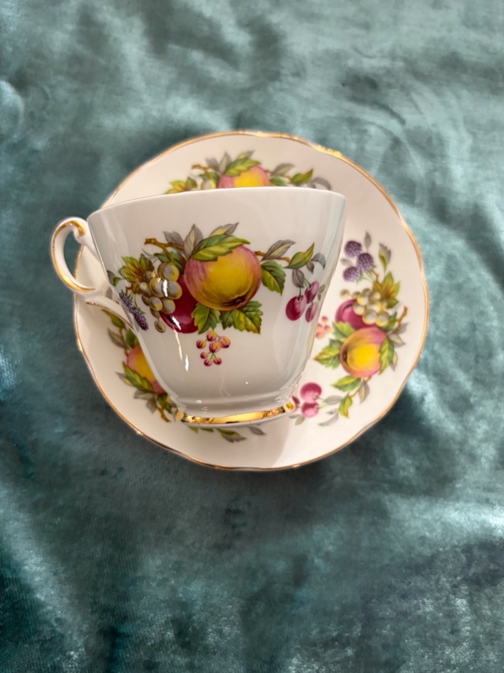 Porcelain Fruit-Print Tea Cup & Saucer - White with Yellow and Green Accents